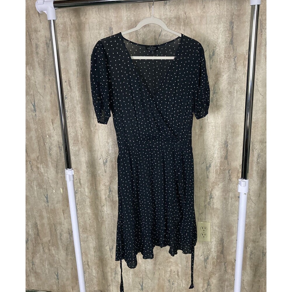 Lucky Brand Black White Polka Dot Surplice A-Line Dress Small EUC